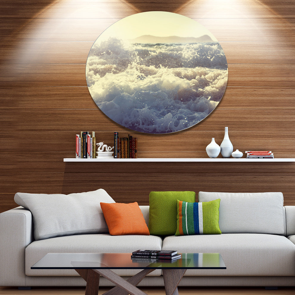 Roaring White Waves On Beach, Seashore Round Metal Wall Art, 23"