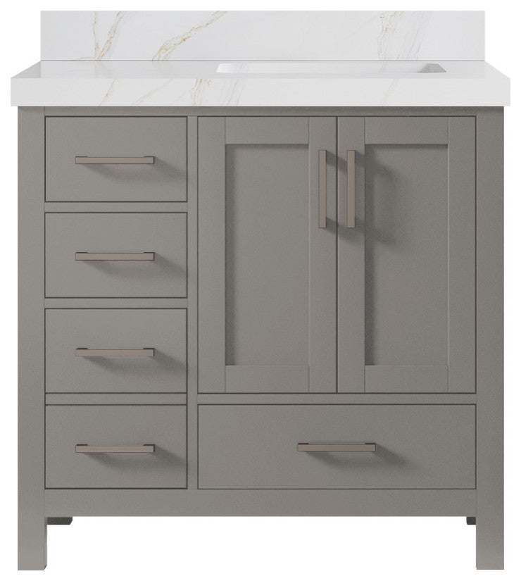 Malibu 36 Right Offset Bath Vanity in Elephant Skin Gray 2" Calacatta Sienna