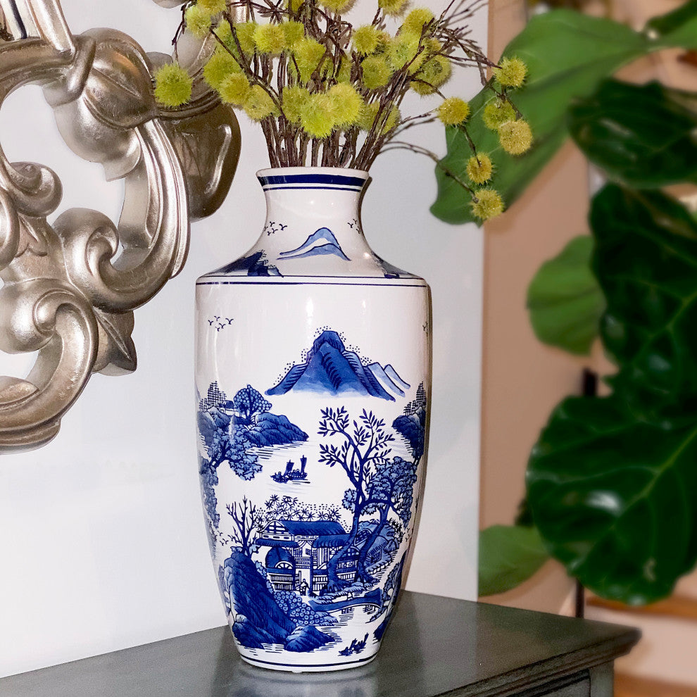 Blue Garden 16" Ceramic Mountain Landscape Vase