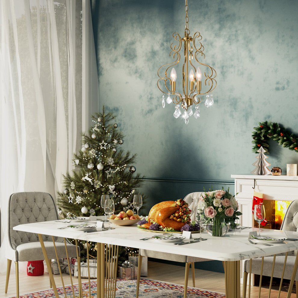 LNC Modern 3-Light Gold Chandelier With Crystal, Lantern Shape