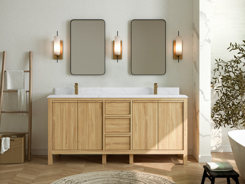 Elizabeth 72 Double Sink Bath Vanity in Light Natural Teak 1.5" Empira Quartz