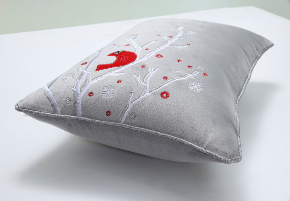 Indoor Velvet Christmas Cardinal Gray Lumbar Rectangular Throw Pillow