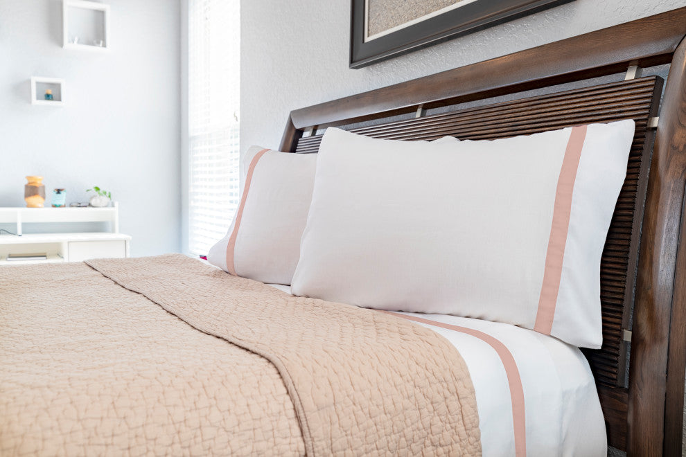 200 Thread Count Ribbon 100% Cotton 4-Piece Sheet set, Blush, Queen