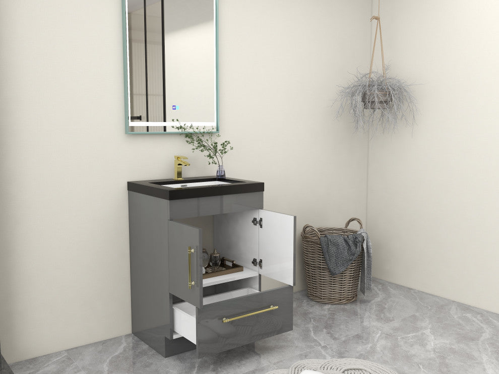 Rosa 24" Free Standing Modern Vanity, High Gloss Gray, Matt Black Top