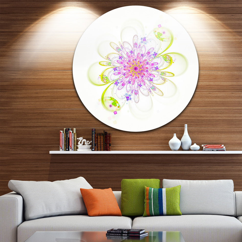 Purple Green Glowing Fractal Flower, Floral Round Metal Wall Art, 11"