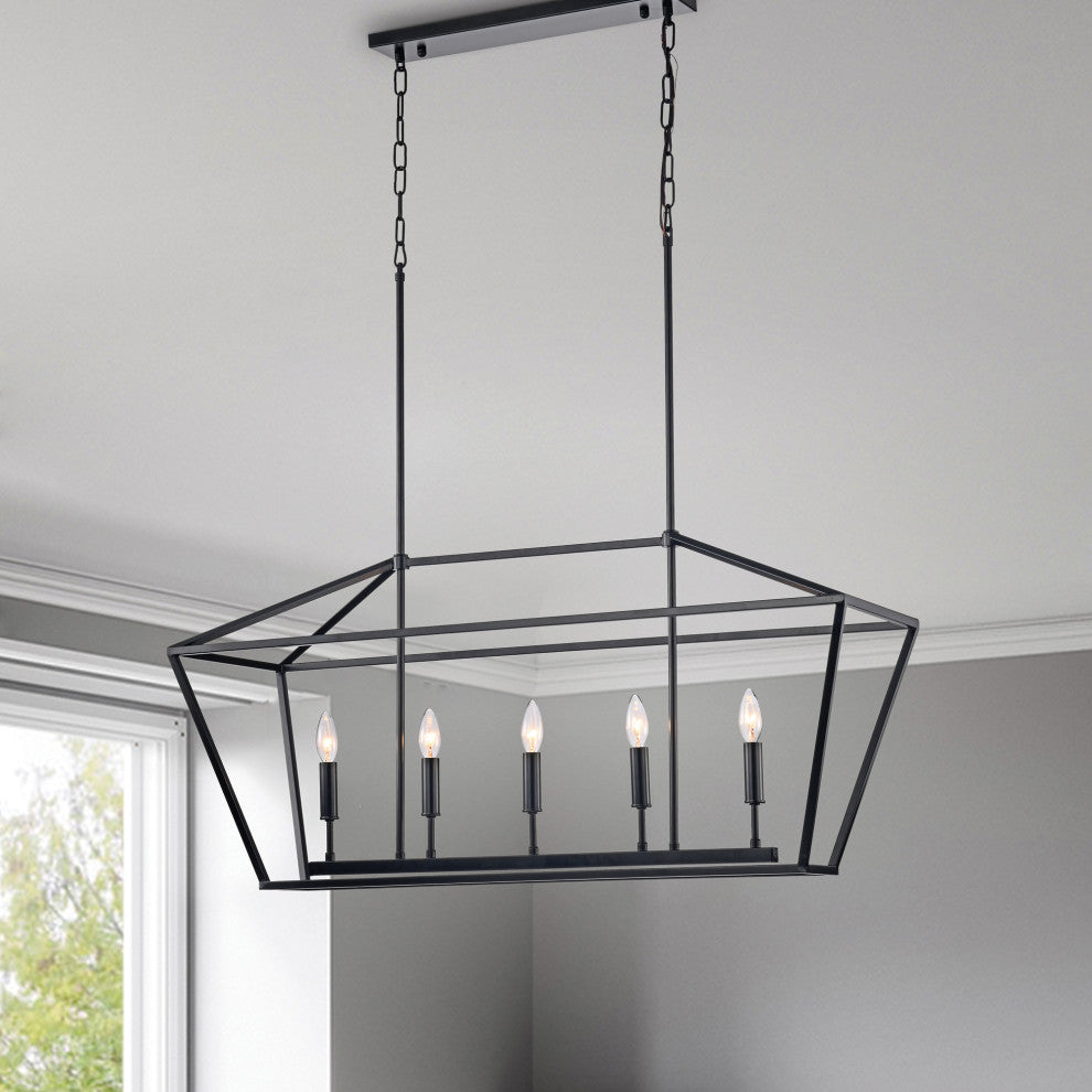 5-Light Matte Black Linear Lantern Pendant Light Cage Chandelier