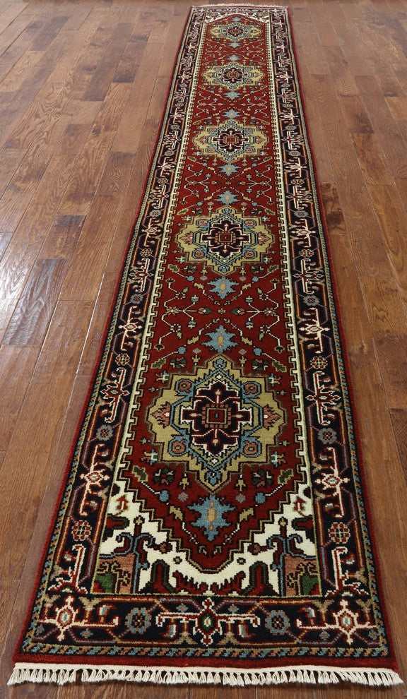 Traditional Floral 3'x16' Heriz Serapi Runner Hand Knotted Wool Rug H9213