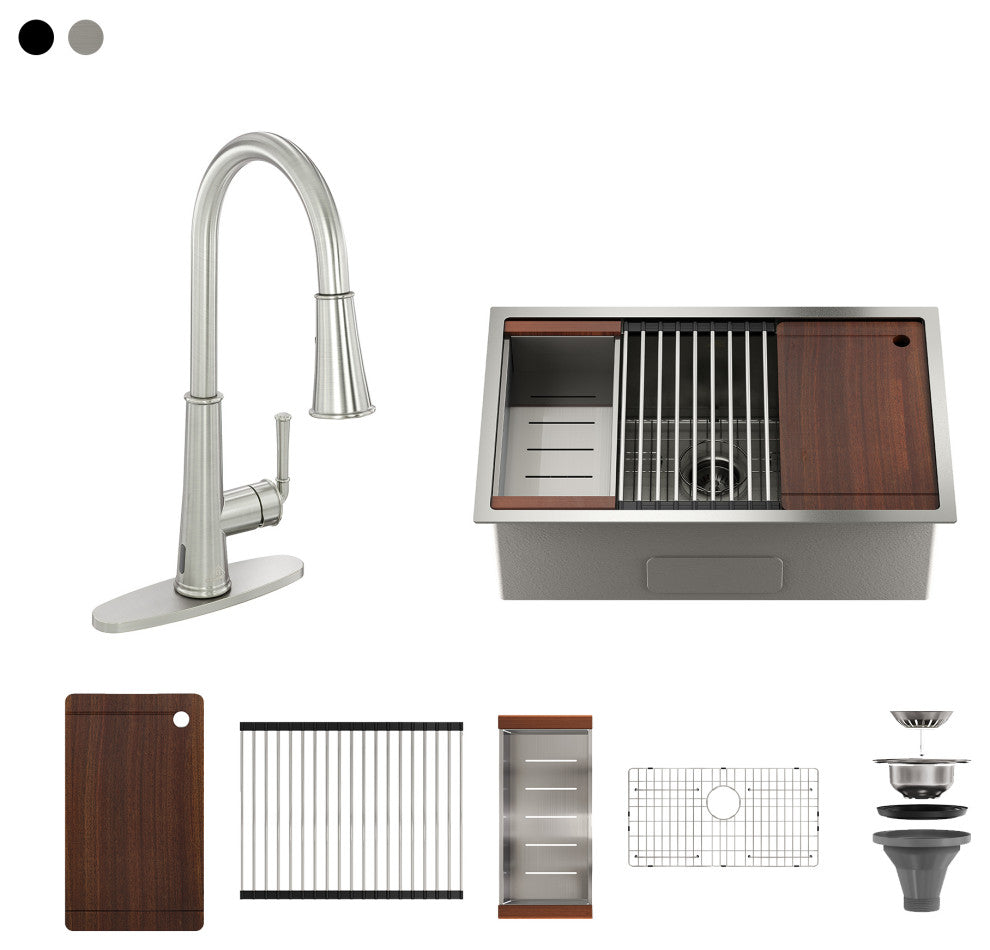 32in Single Bowl Undermount Workstation Kitchen Stainless Steel Sink with Faucet, Brushed Nickel