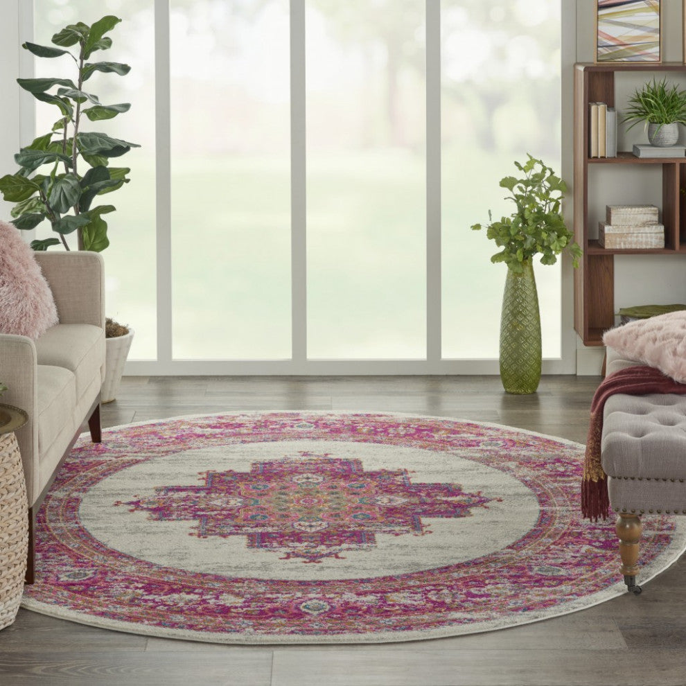 8 Round Ivory and Fuchsia Distressed Area Rug