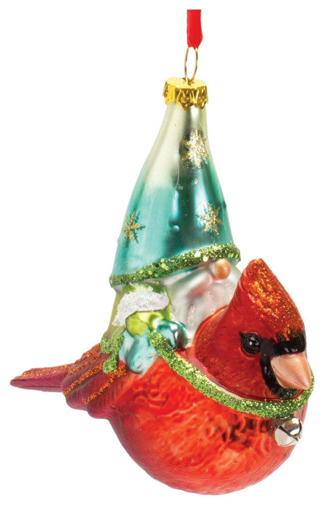 Glass Gnome and Cardinal Bird Ornament, Set of 6