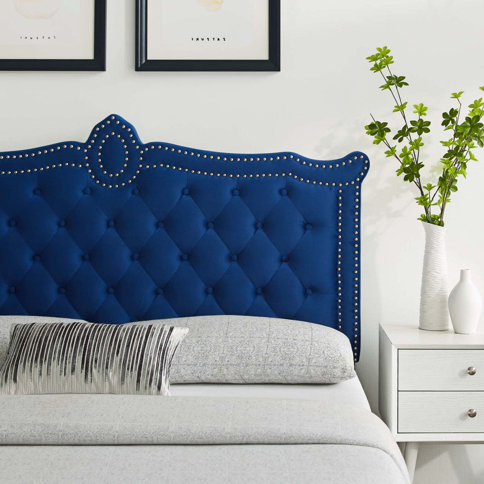 Tufted Headboard, Nailhead, Twin Size, Blue Navy, Velvet, Modern, Guest Suite