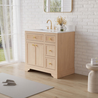 Solid Wood Bathroom Vanity with Carrara White Quartz Top, CUPC-certified Sink, 36"