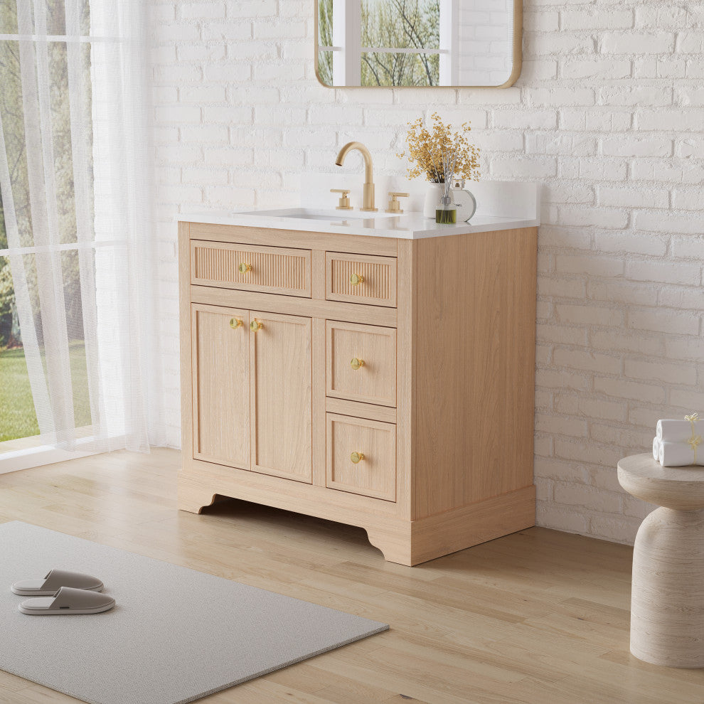 Solid Wood Bathroom Vanity with Carrara White Quartz Top, CUPC-certified Sink, 36"