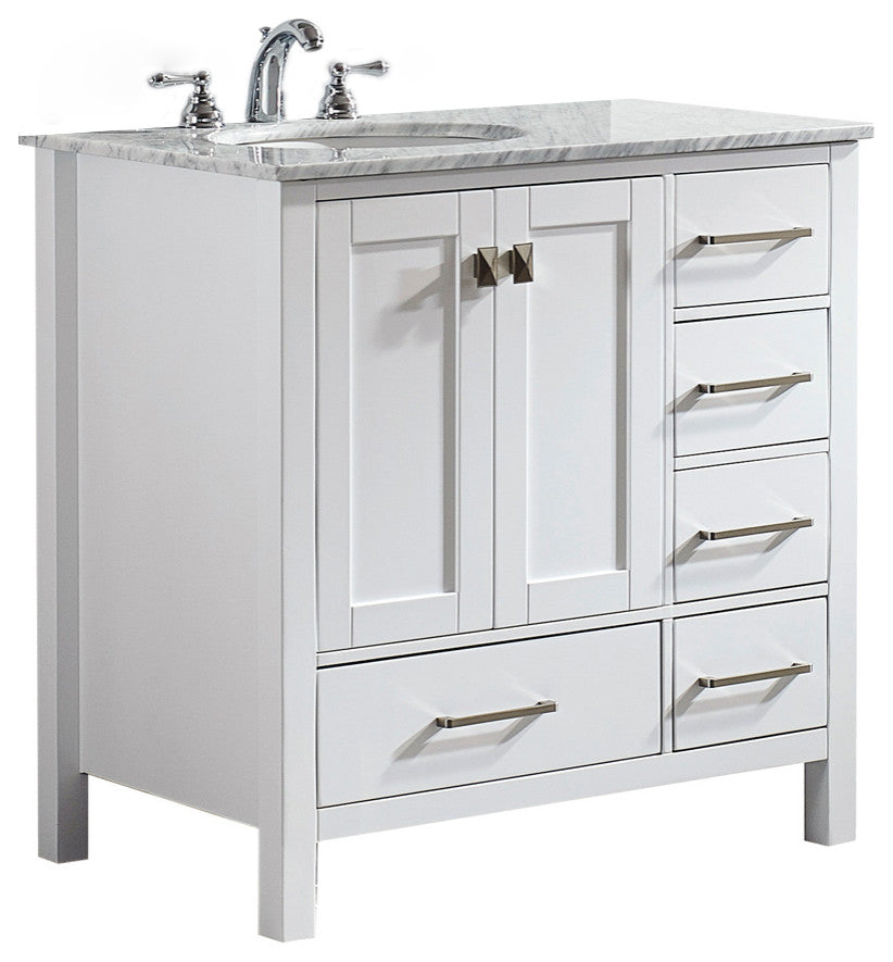 36" Single Vanity in White with Carrara White Marble Countertop Without Mirror