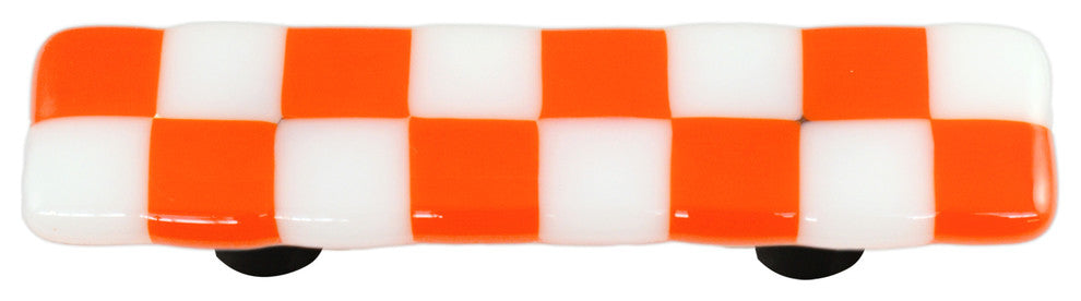 Art Glass Rectangle Checked Pull, Alum Post, Opal Orange White Squares