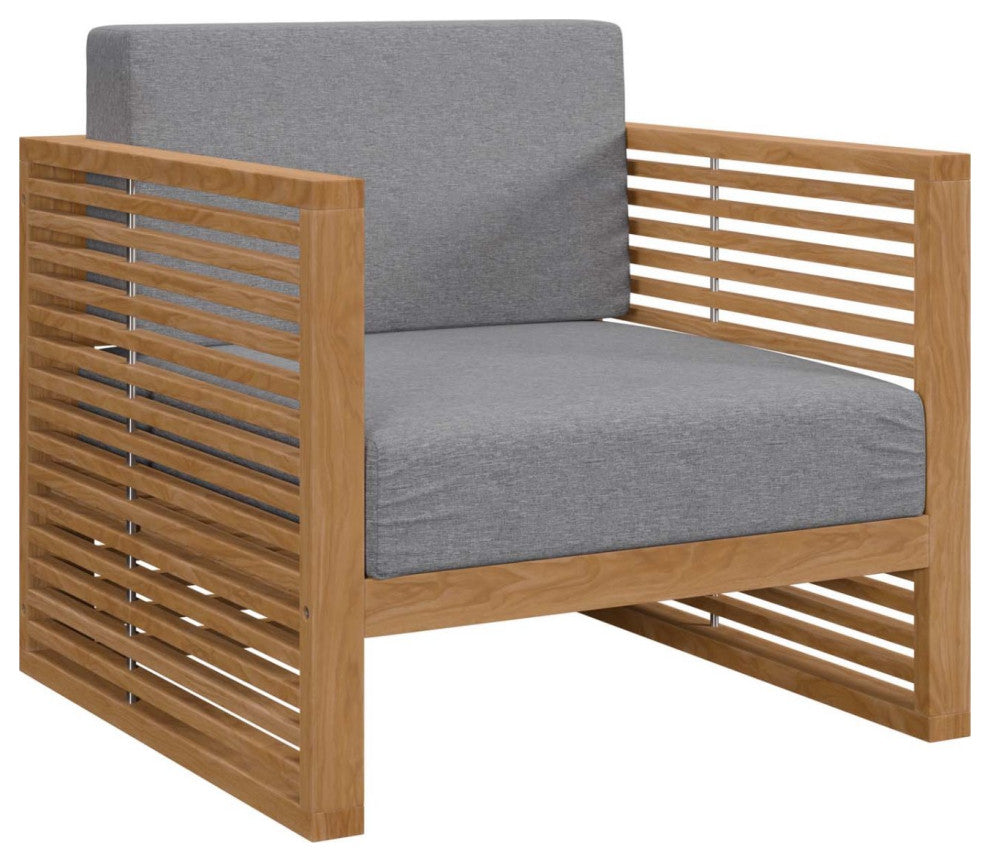 Lounge Chair ArmchairTable Set, Gray Natural, Teak Wood, Outdoor Garden