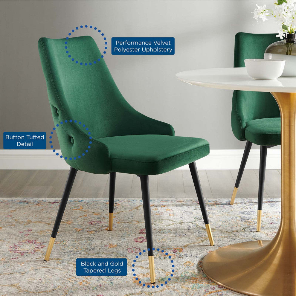 Tufted Side Dining Chair, Velvet, Green, Modern, Bistro Restaurant Hospitality