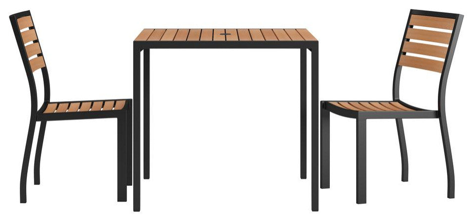 Lark 3 Pc Patio Table Set, 35" Square Table with 2 Stackable Faux Teak Chairs