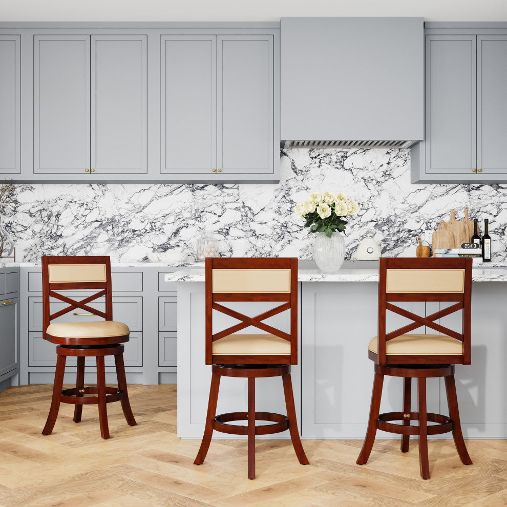 DTY Indoor Living Meeker X Back Swivel Stool, 24" Counter Stool, Cherry, Bone Leather