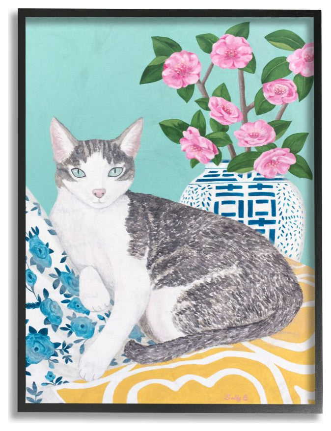 Cat With Cushion And Vase Pastel Animal Painting, 16"x20"