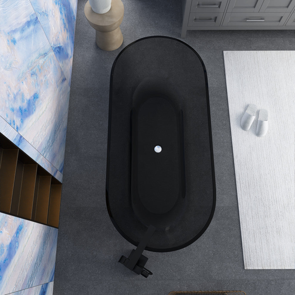 69" Solid Surface Freestanding Flatbottom Soaking Bathtub, Grey