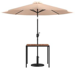 3 Piece Patio Table Set -35" Square Teak Table w/Umbrella Hole & Base, Tan