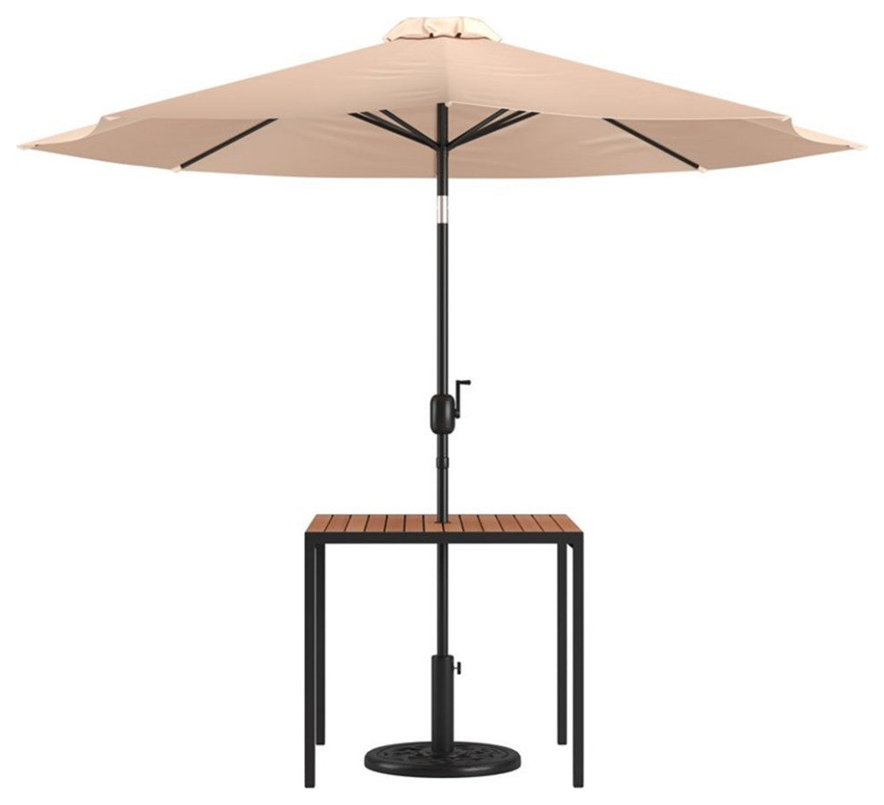 3 Piece Patio Table Set -35" Square Teak Table w/Umbrella Hole & Base, Tan