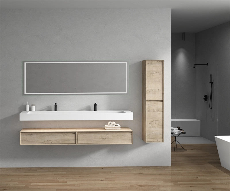 Alysa 84'' Floating Vanity, Acrylic Sink, Double Faucet Hole, Light White Oak