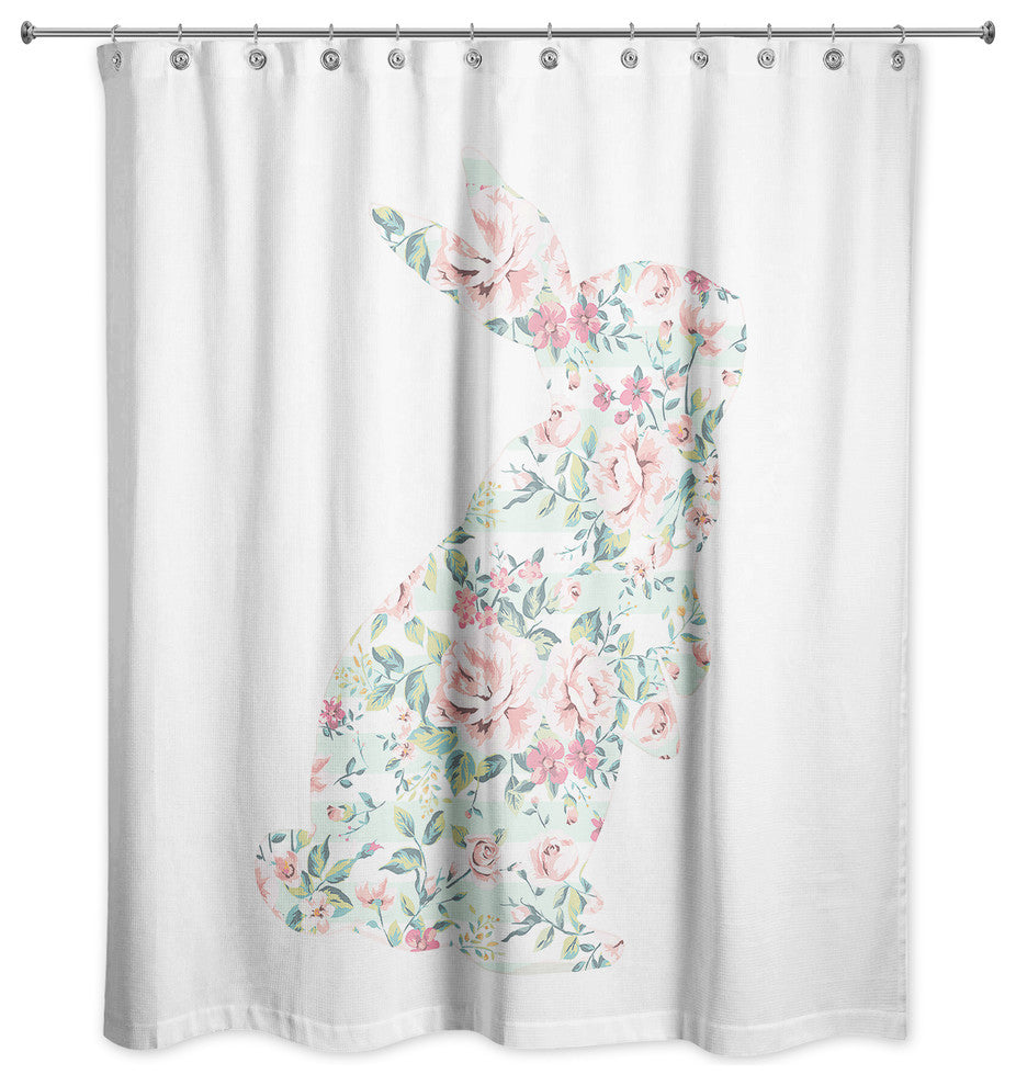 Mint Floral Curious Rabbit Shower Curtain