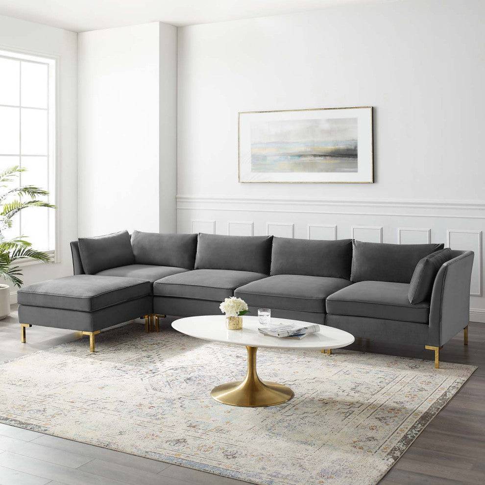 Sectional Sofa Set, Velvet, Gray, Modern, Living Lounge Hotel Hospitality