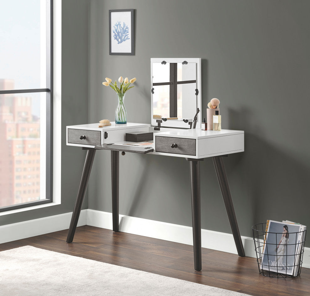 Mid-Century Modern 2-Drawer Bedroom Vanity or Desk, White, Gray, and Black
