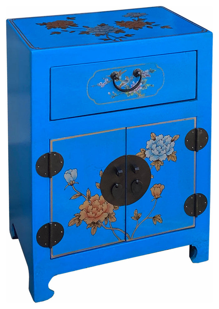 Chinese Bright Blue Vinyl Moon Face Flower Birds End Table Nightstand Hcs7131