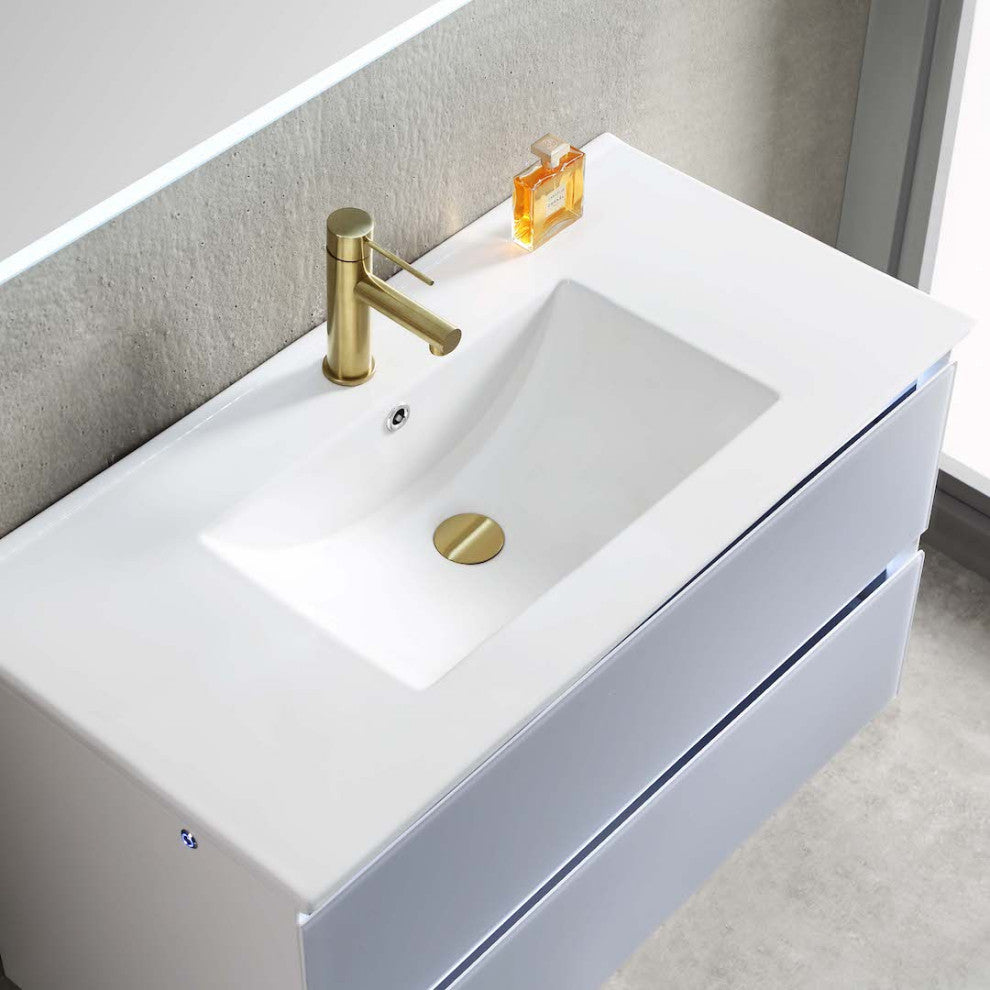 LED Lighted Bathroom Vanity With Ceramic Sink and Dimmed Light, Light Gray, 36"