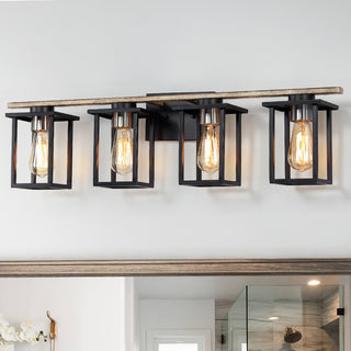 Matte Black/Wood Tone Rustic Bath Vanity Light With Open Cage Shades, 33" Wide