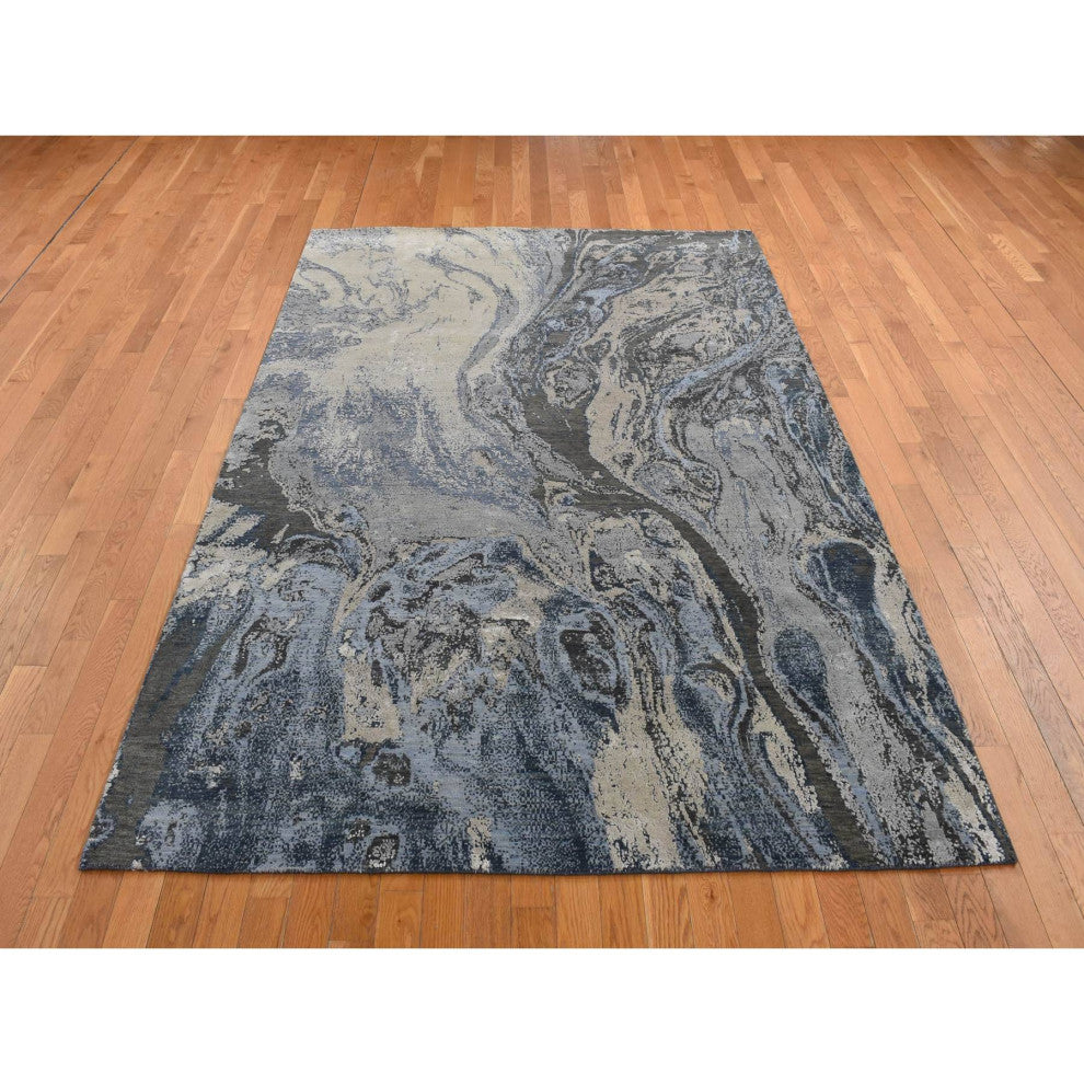 Blue, Geological Design, Wool and Pure Silk, Hand Knotted Rug, 6'x9'2"