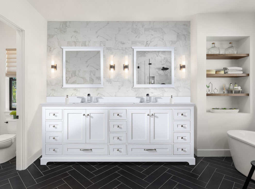 Dukes 84" White Double Square Sink Vanity with Quartz Top, With Faucet and Mirro