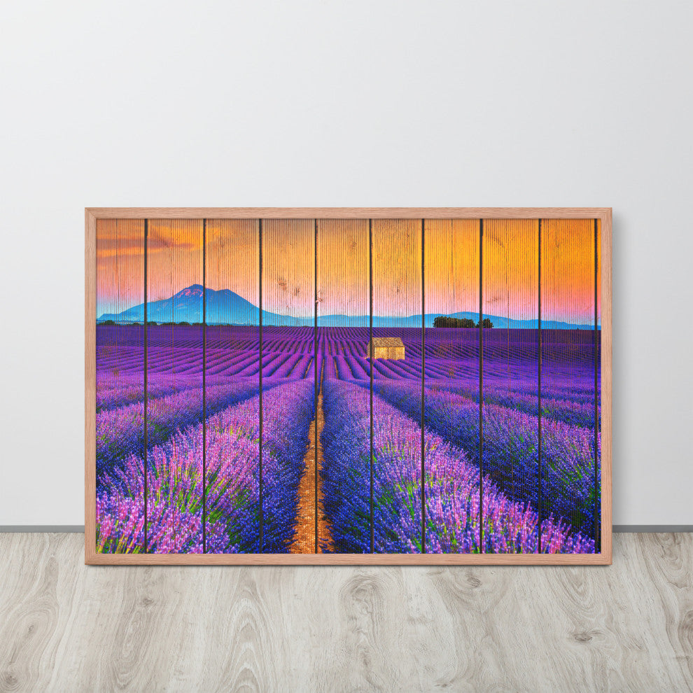 Faux Wood Lavender Fields and Sunset Landscape Framed Photo Paper Wall Art Print, Red Oak, 24" X 36"