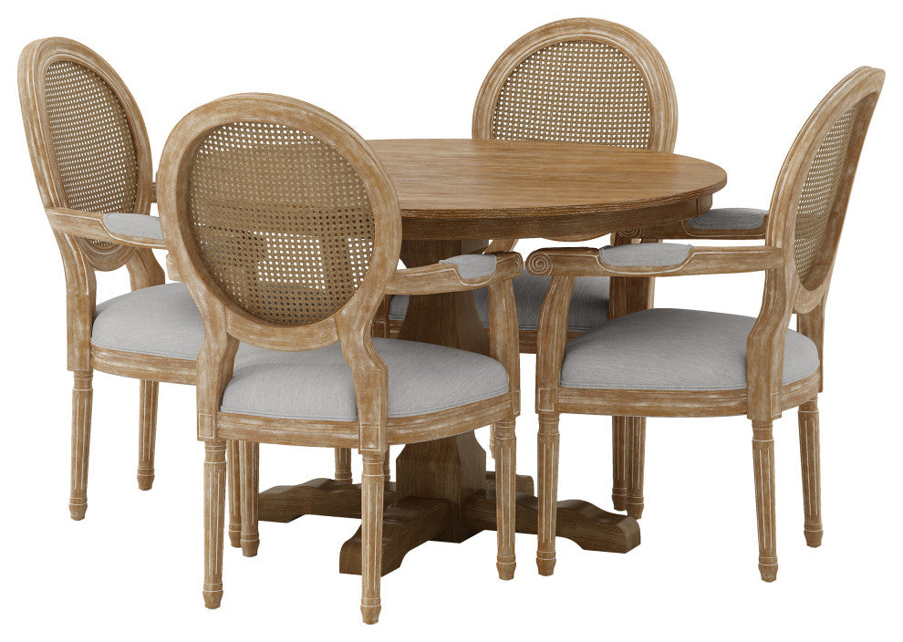 Bryan French Country Upholstered Wood and Cane 5-Piece Circular Dining Set, Natural/Light Gray