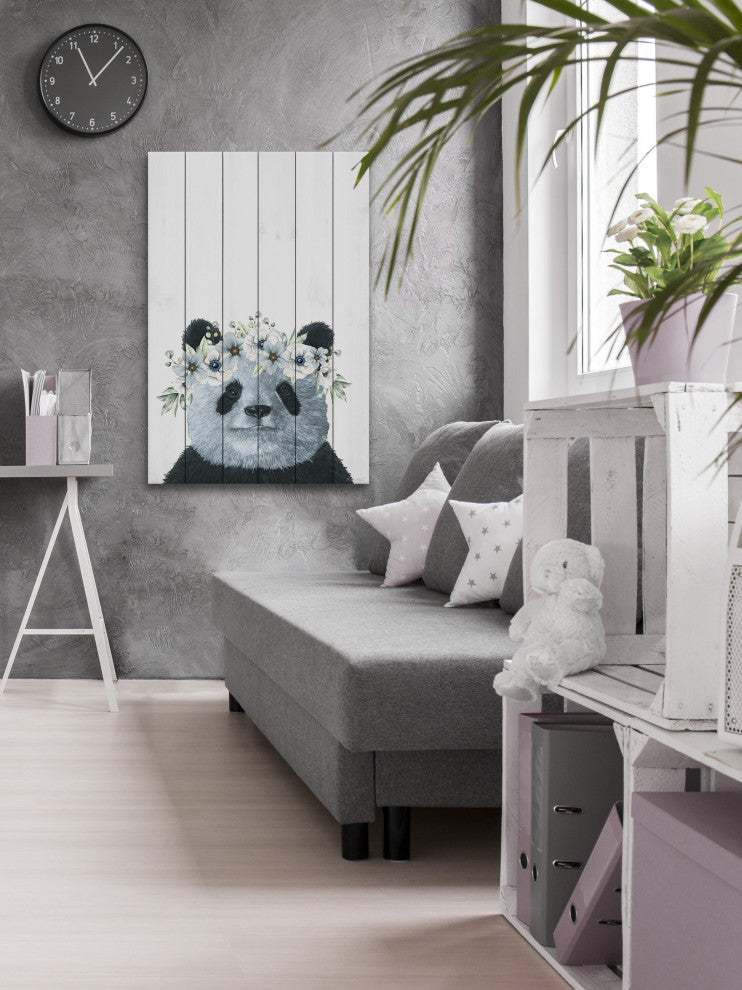 "Floral Crowned Panda" Painting Print on White Wood, 8x12