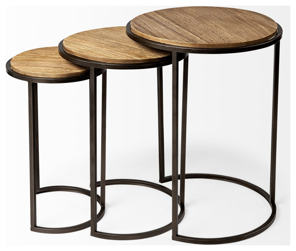 Glover Medium Brown Solid Wood w/ Black Metal Base Nesting Accent Tables
