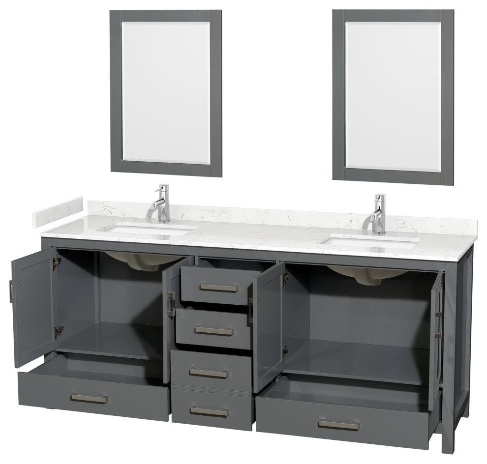80"DBL Vanity Dark Gray, Carrara Cult. Marble Countertop, Sinks, 24"Mirrors