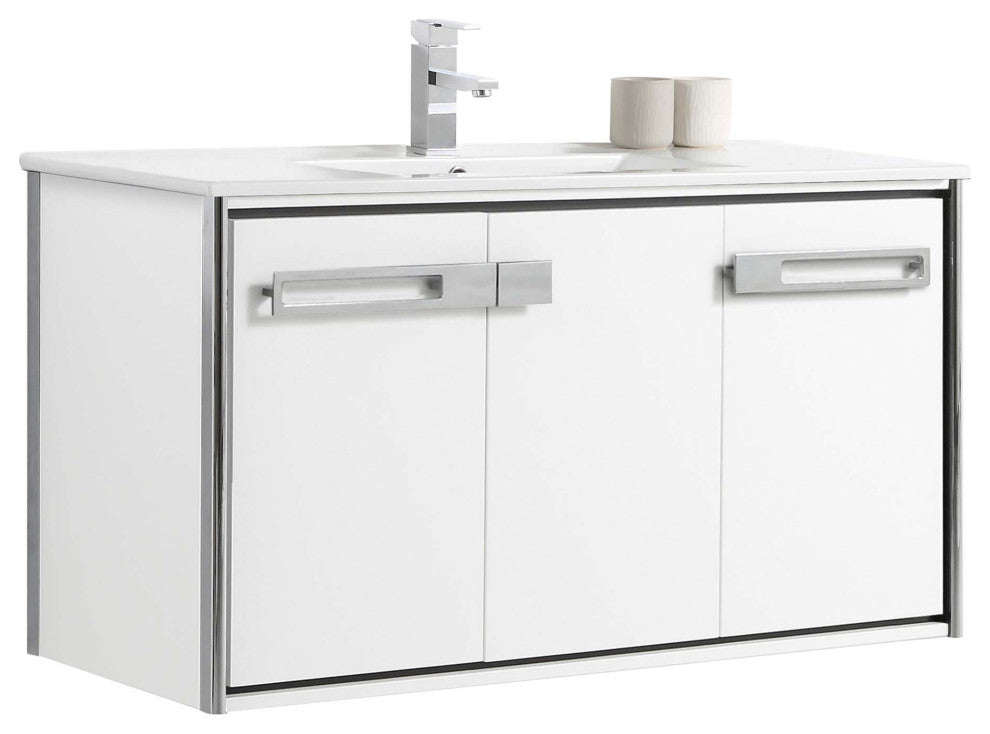 Oakville Wall Mount Bathroom Vanity, White Matte, 42", Chrome Hardware