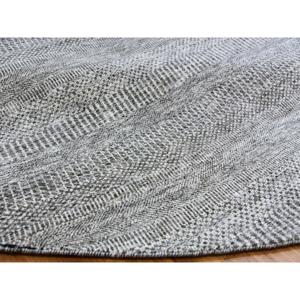 Storm Gray Grass Design Organic Undyed Wool Hand Knotted Round Rug 11'2"x11'2"