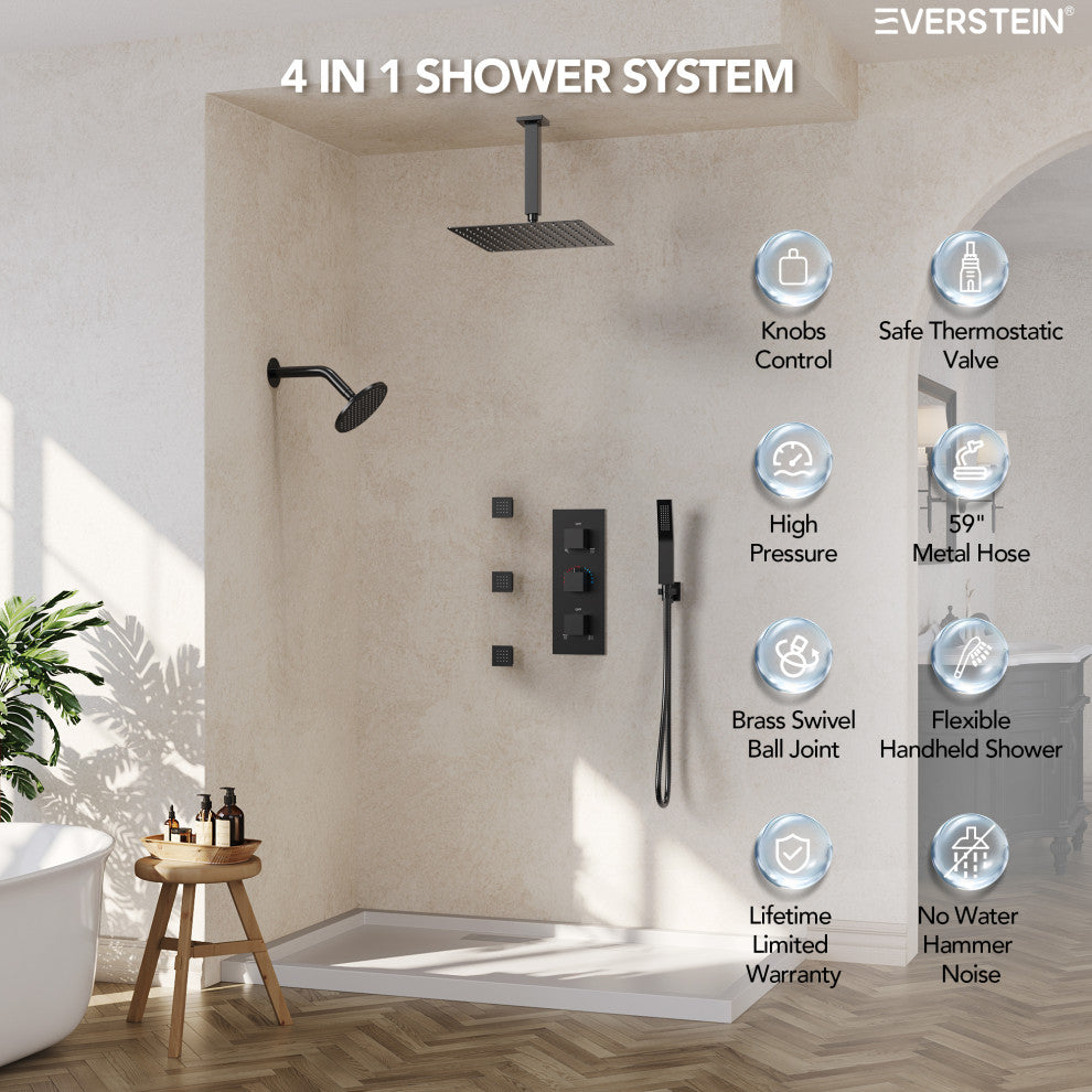 Thermostatic Dual Heads 12" Rainfall Shower System With 3 Body Jets, Matte Black