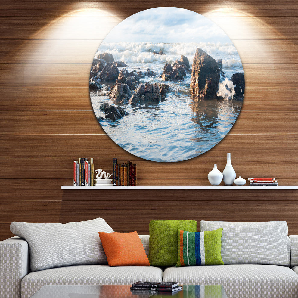 Sea Foam In Empty Rocky Seaside, Seascape Round Metal Wall Art, 11"