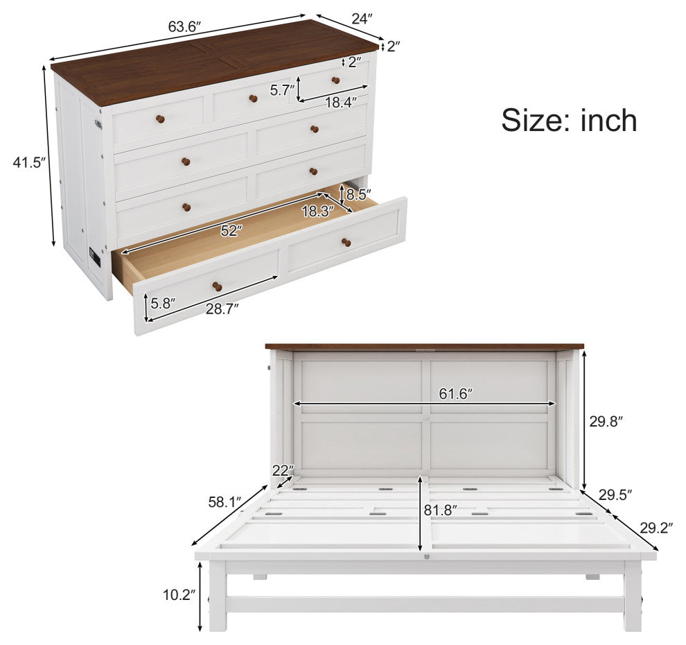 Full/Queen Solid Pine Frame Murphy Bed, Charging Station, Queen