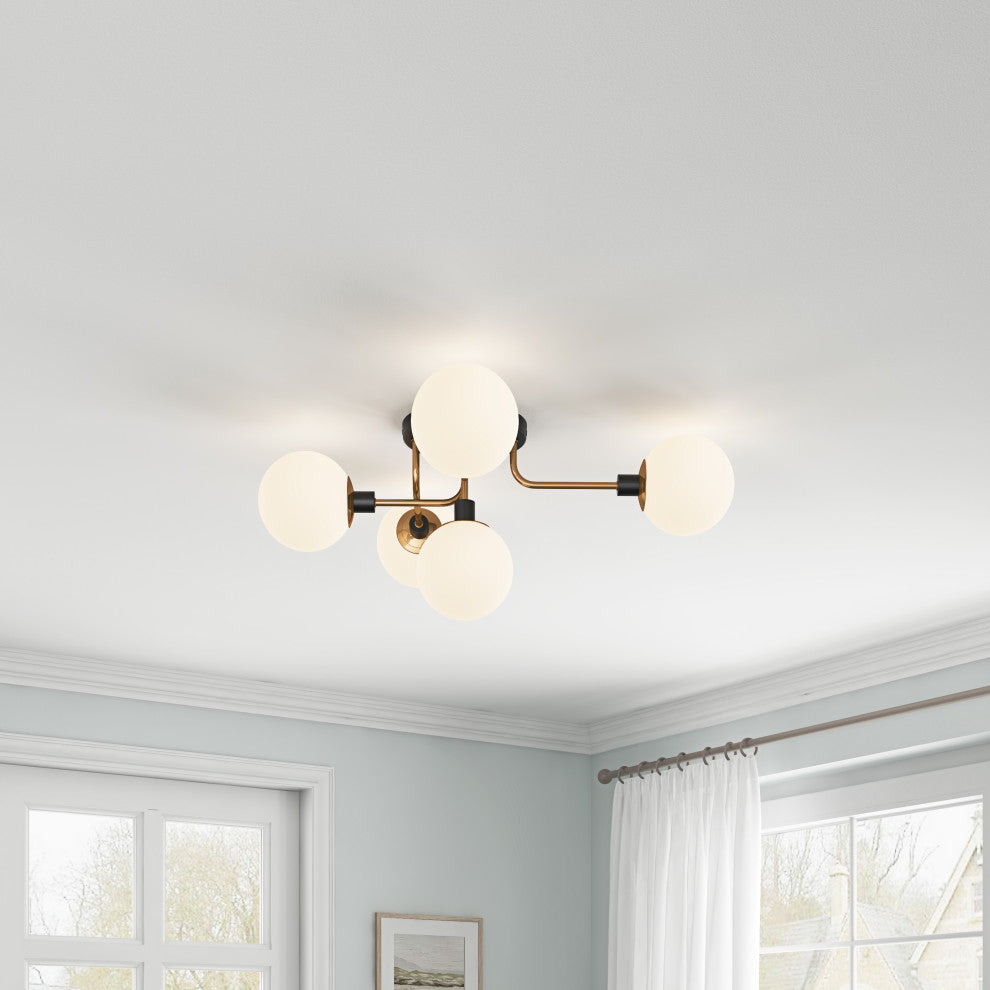 Black 5-Light Semi Flush Mount Ceiling Light With White Glass Shades