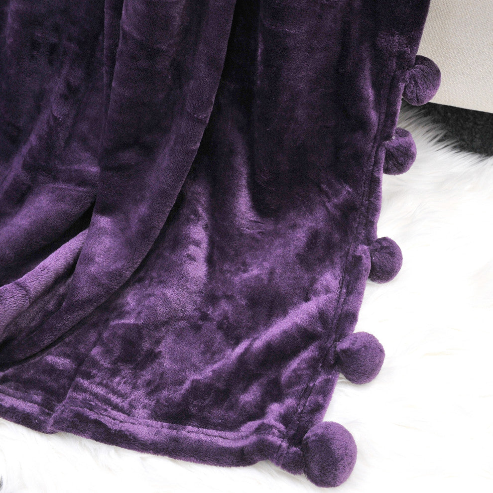 Pom Pom Flannel Fleece Throw Blanket, Blackberry Wine, 50" X 60"