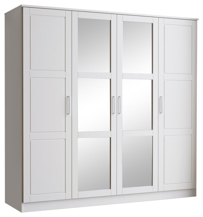 100% Solid Wood Cosmo 4-Door Wardrobe/Armoire/Closet, White-Mirror