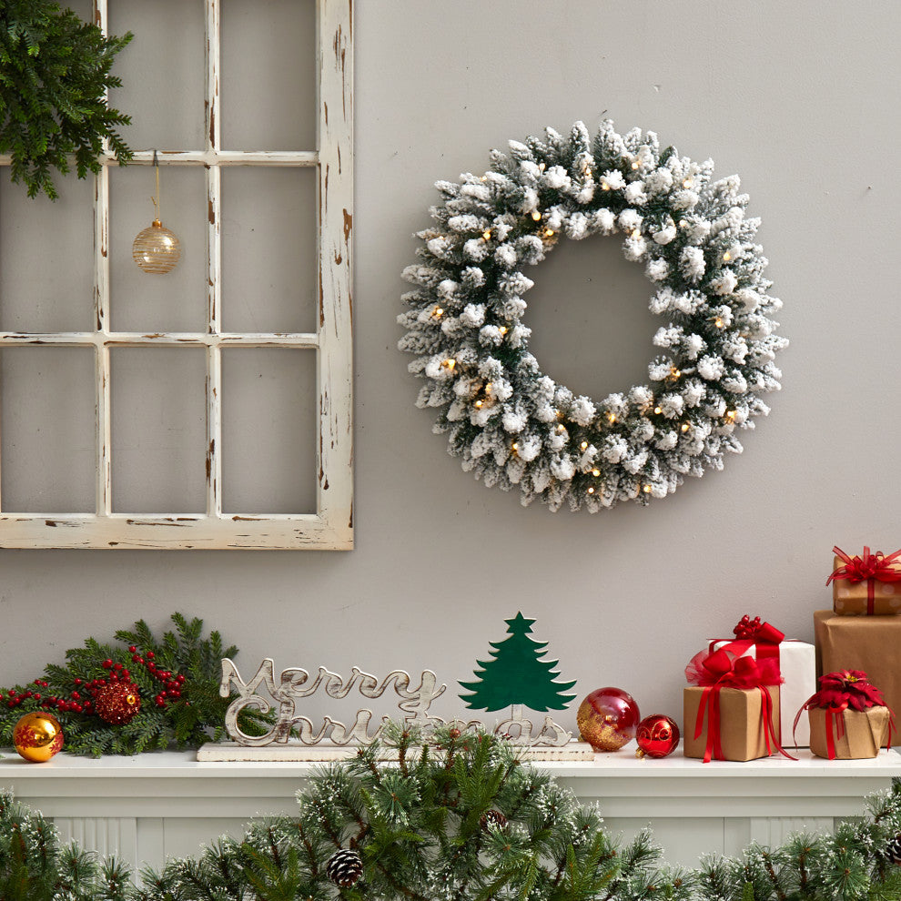 24" Flocked Faux Christmas Wreath With 160 Bendable Branches and 35 White Lights